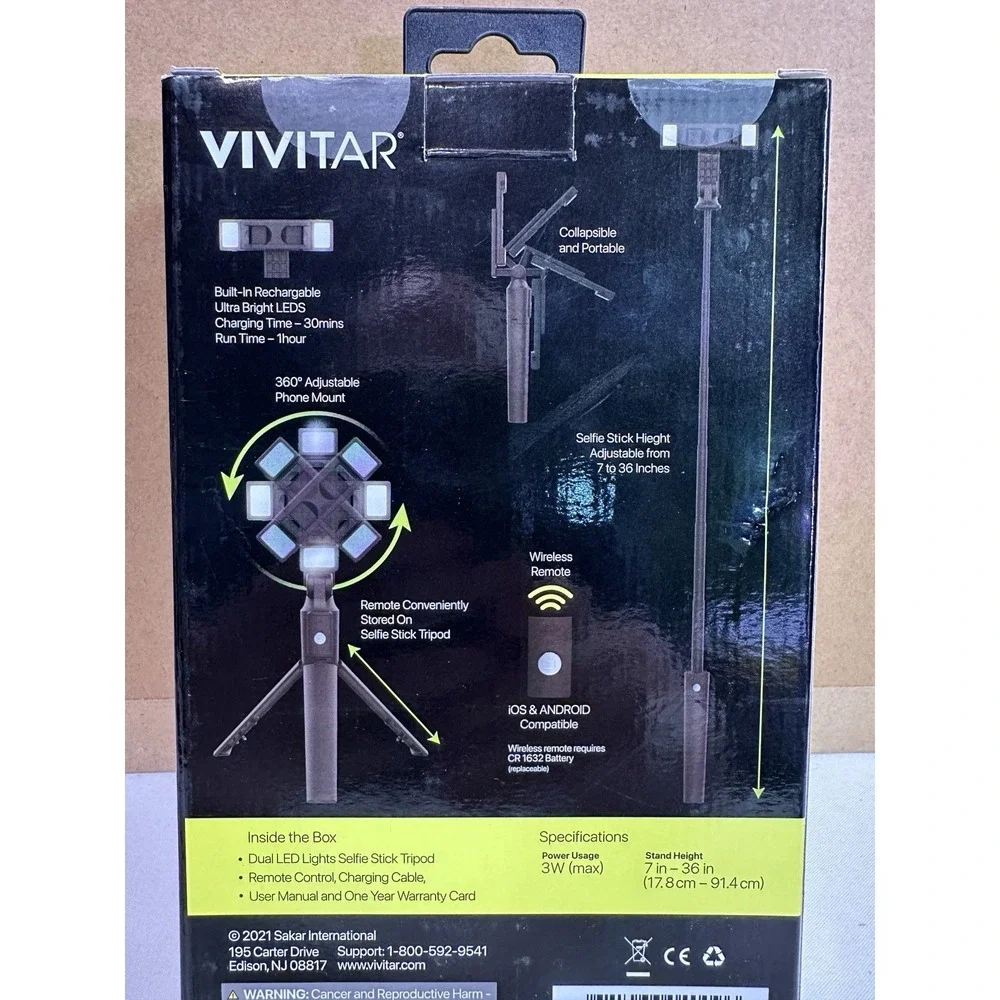 Vivitar Wireless Dual LED‎ Lights Selfie Stick Tripod Bluetooth Remote Black
